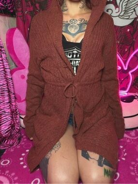 Long Rust Red Open Drape Cardigan Hooded Size Large Aster